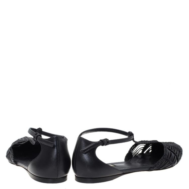 Pre Owned Bottega Veneta Black Woven Leather T Strap Ballerina Flats Size 39