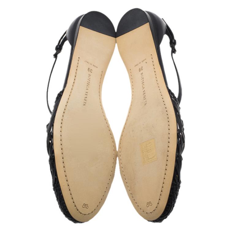 Pre Owned Bottega Veneta Black Woven Leather T Strap Ballerina Flats Size 39