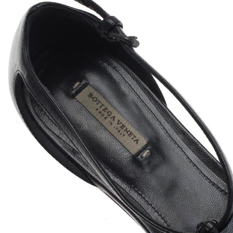 Pre Owned Bottega Veneta Black Woven Leather T Strap Ballerina Flats Size 39