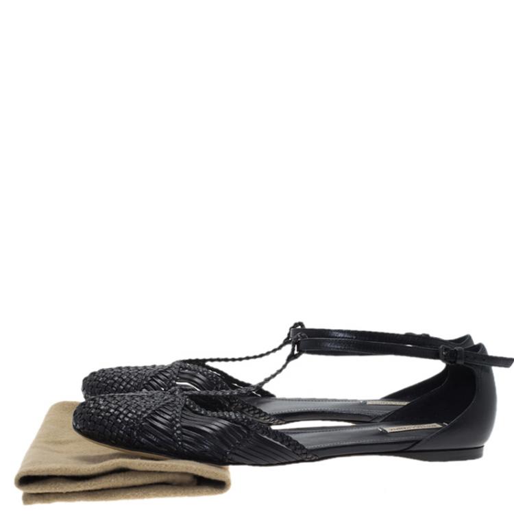 Pre Owned Bottega Veneta Black Woven Leather T Strap Ballerina Flats Size 39