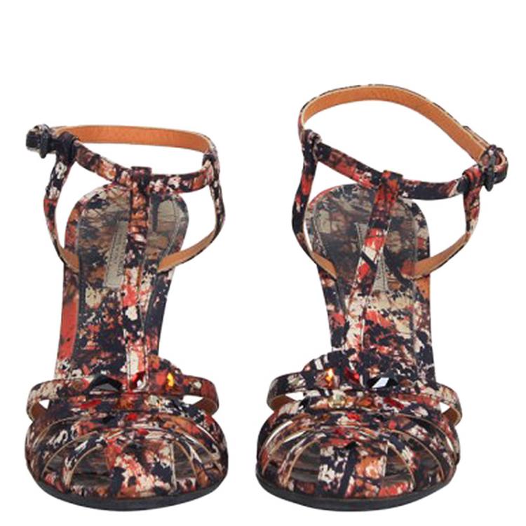 Pre Owned Bottega Veneta Corniola Topaz Pollock Print Silk Sandals Size 35