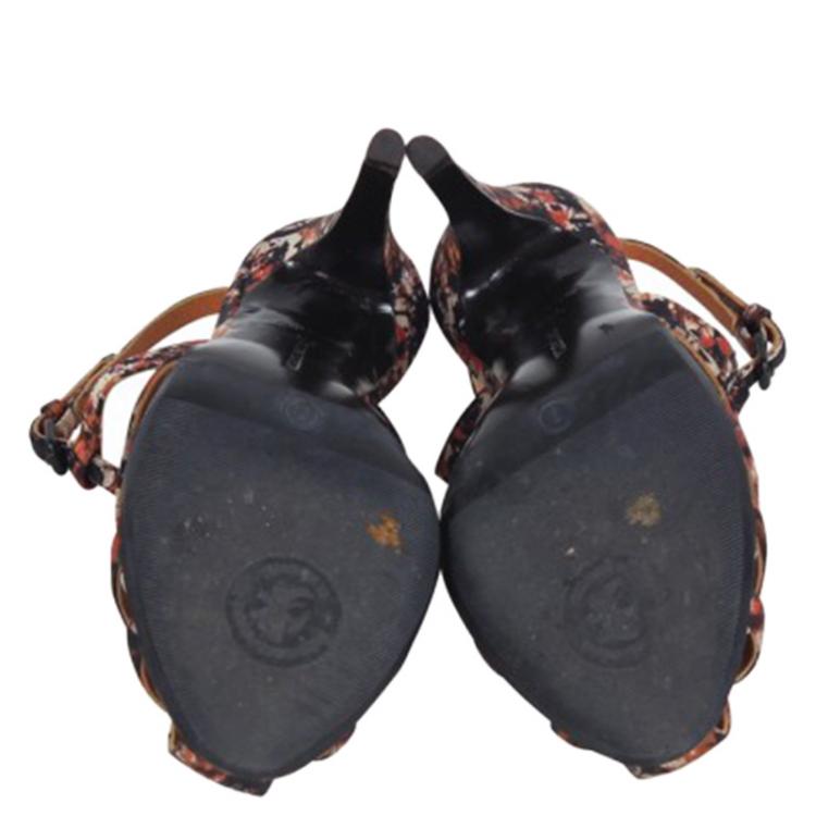 Pre Owned Bottega Veneta Corniola Topaz Pollock Print Silk Sandals Size 35