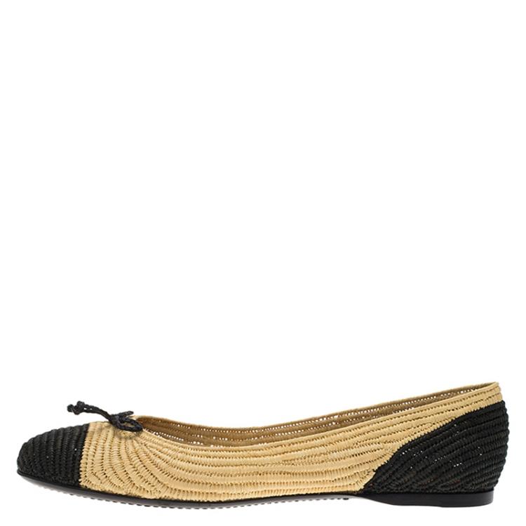 Pre Owned Bottega Veneta Two-Tone Raffia Ballet Flats Size 40