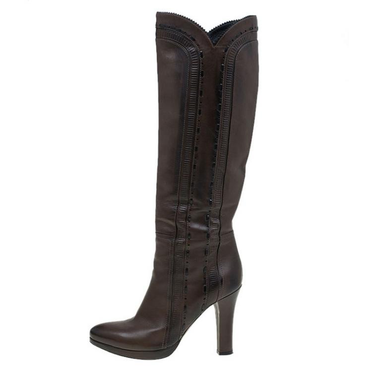 Pre Owned Bottega Veneta Brown Leather Knee Boots Size 36.5