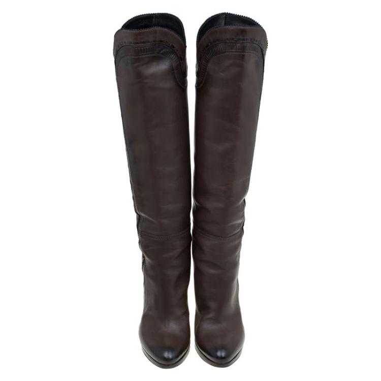 Pre Owned Bottega Veneta Brown Leather Knee Boots Size 36.5