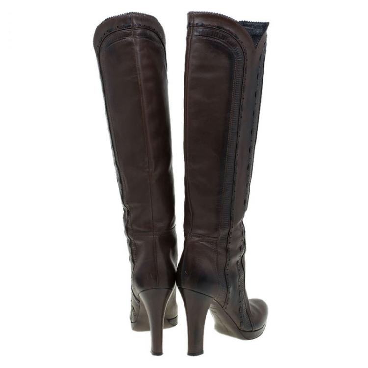 Pre Owned Bottega Veneta Brown Leather Knee Boots Size 36.5