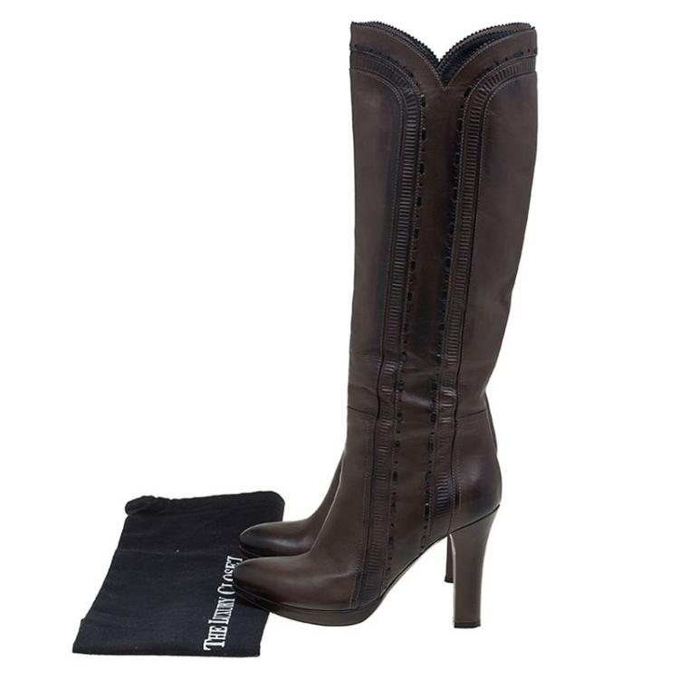 Pre Owned Bottega Veneta Brown Leather Knee Boots Size 36.5