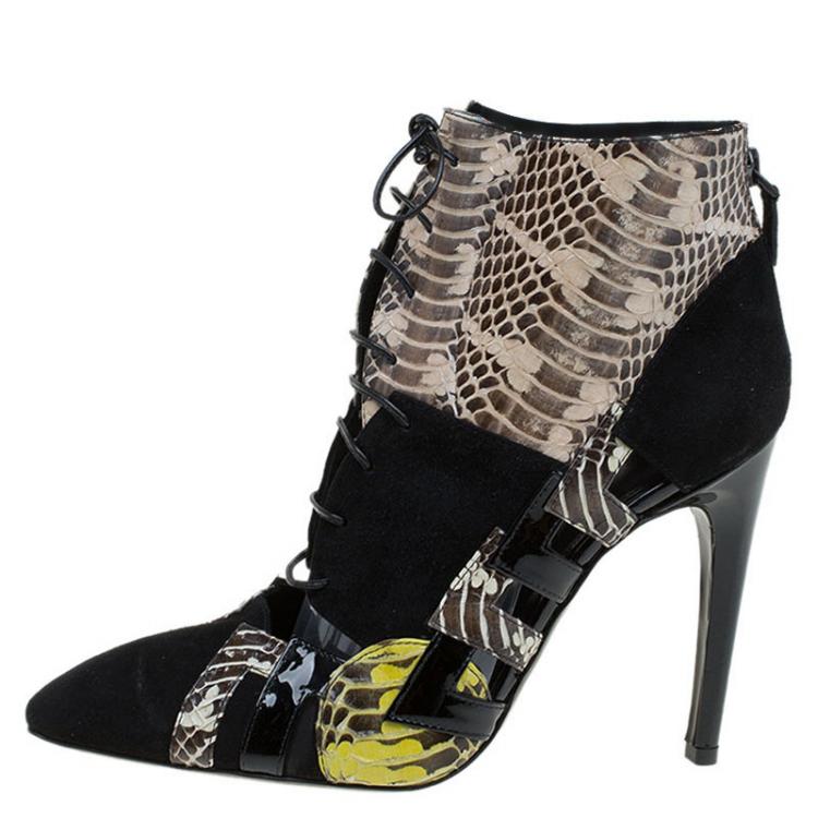 Pre Owned Bottega Veneta Black Suede and Python Lace Up Ankle Boots Size 38