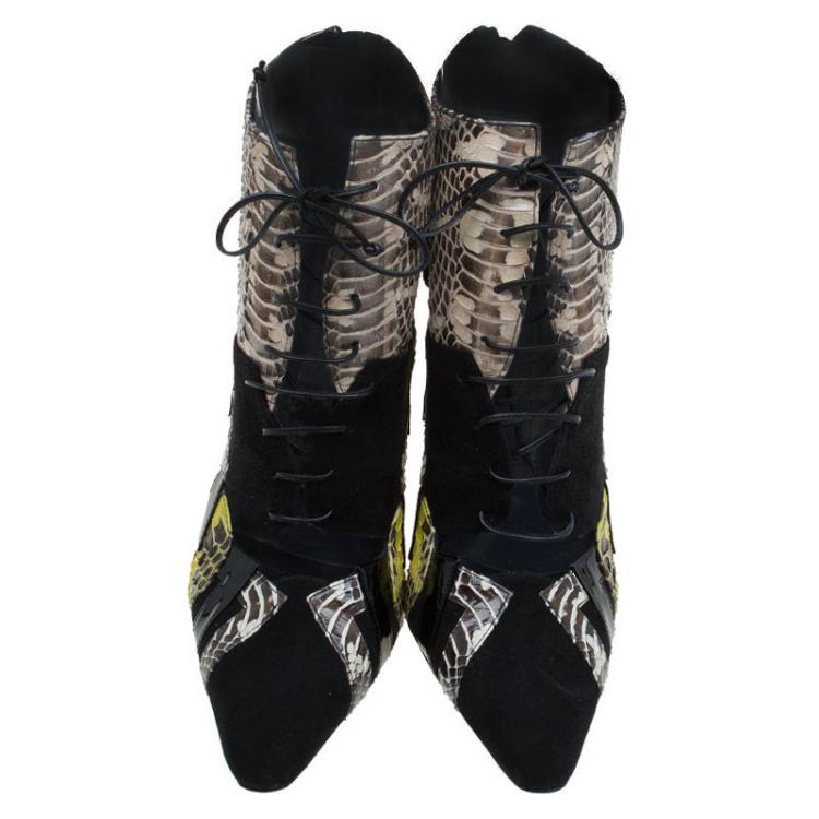 Pre Owned Bottega Veneta Black Suede and Python Lace Up Ankle Boots Size 38