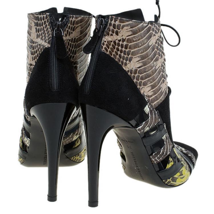 Pre Owned Bottega Veneta Black Suede and Python Lace Up Ankle Boots Size 38