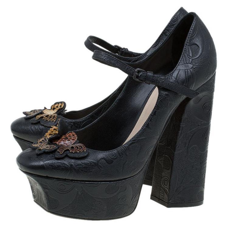 Pre Owned Bottega Veneta Limited Edition Butterfly Embossed Leather Mary Jane Platform Pumps Size 41
