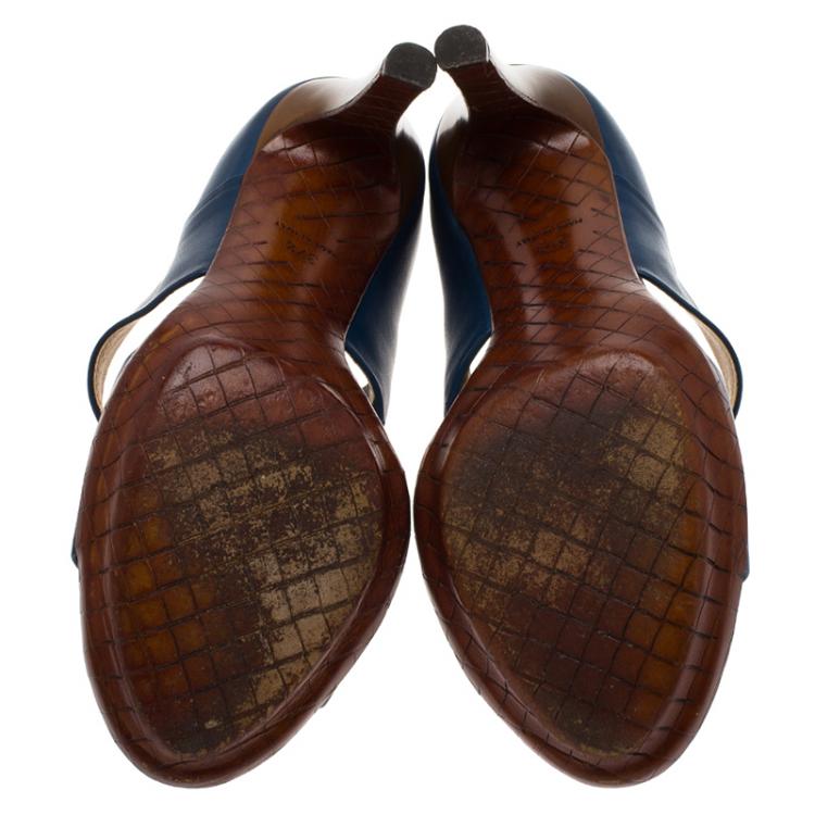 Pre Owned Bottega Veneta Blue Leather Wide Strap Sandals Size 37.5