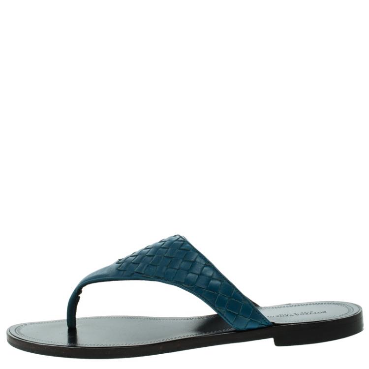 Pre Owned Bottega Veneta Peacock Blue Intrecciato Leather Flat Sandals Size 41