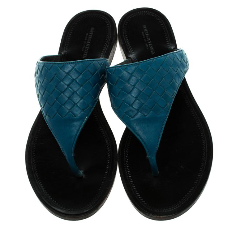Pre Owned Bottega Veneta Peacock Blue Intrecciato Leather Flat Sandals Size 41