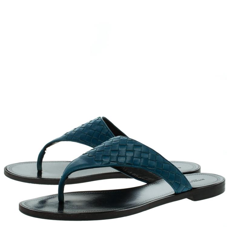 Pre Owned Bottega Veneta Peacock Blue Intrecciato Leather Flat Sandals Size 41