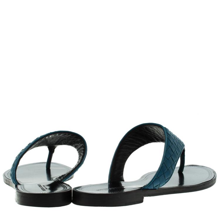 Pre Owned Bottega Veneta Peacock Blue Intrecciato Leather Flat Sandals Size 41