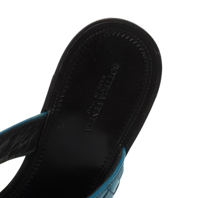 Pre Owned Bottega Veneta Peacock Blue Intrecciato Leather Flat Sandals Size 41