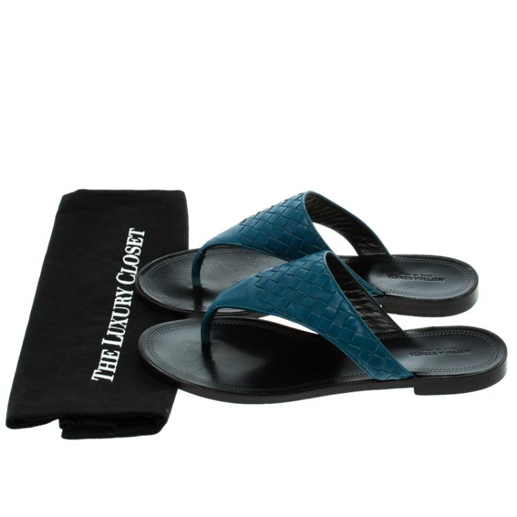 Pre Owned Bottega Veneta Peacock Blue Intrecciato Leather Flat Sandals Size 41