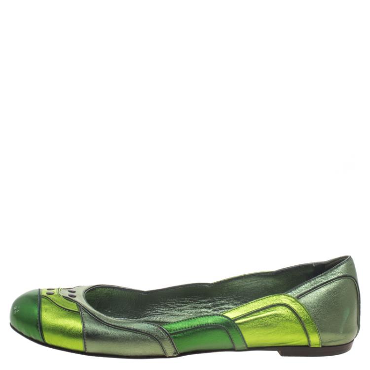 Pre Owned Bottega Veneta Green Metallic Leather Ballet Flats Size 38