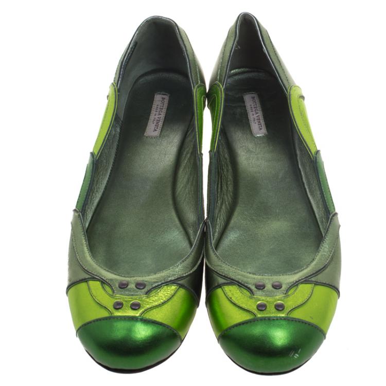Pre Owned Bottega Veneta Green Metallic Leather Ballet Flats Size 38