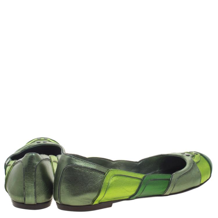 Pre Owned Bottega Veneta Green Metallic Leather Ballet Flats Size 38