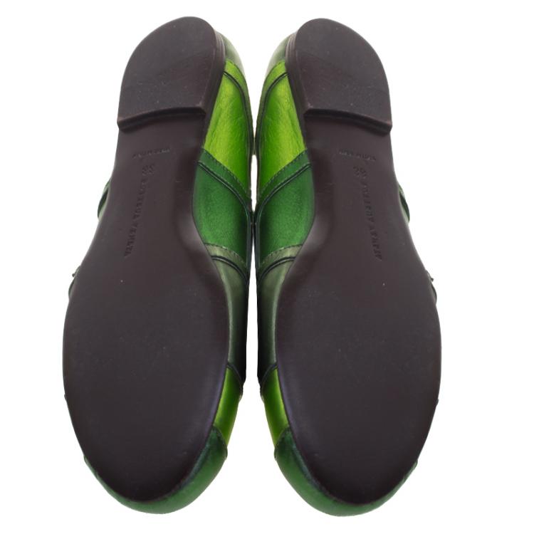 Pre Owned Bottega Veneta Green Metallic Leather Ballet Flats Size 38
