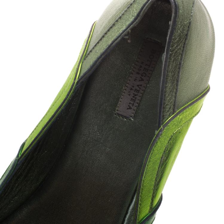 Pre Owned Bottega Veneta Green Metallic Leather Ballet Flats Size 38