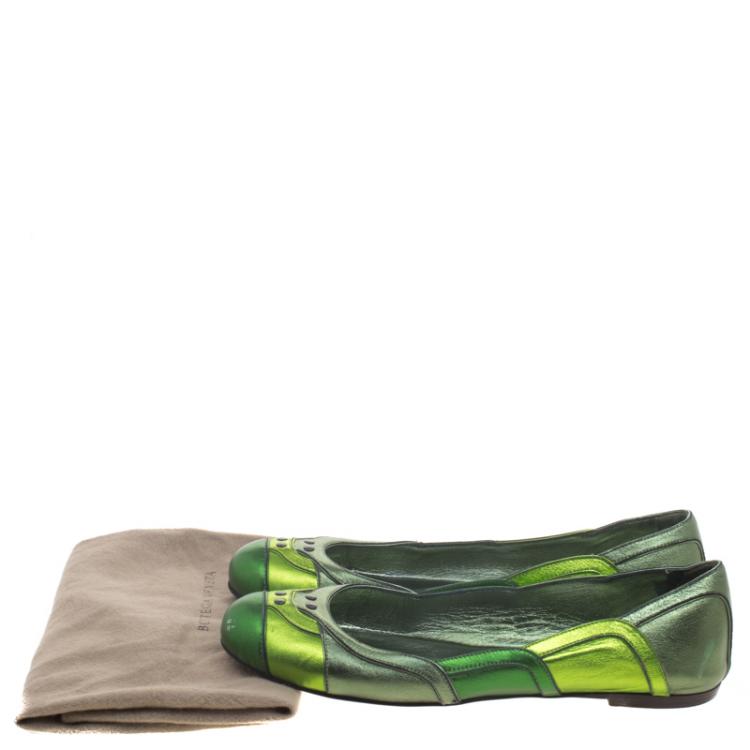 Pre Owned Bottega Veneta Green Metallic Leather Ballet Flats Size 38
