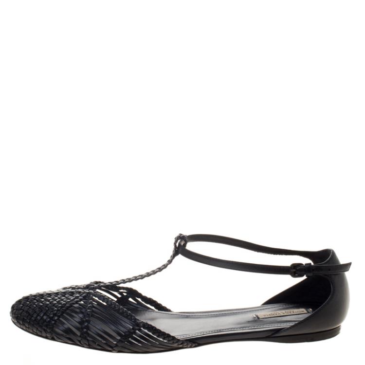 Pre Owned Bottega Veneta Black Woven Leather T Strap Ballerina Flats Size 39