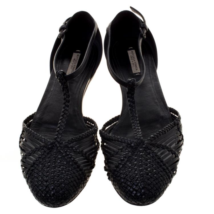 Pre Owned Bottega Veneta Black Woven Leather T Strap Ballerina Flats Size 39