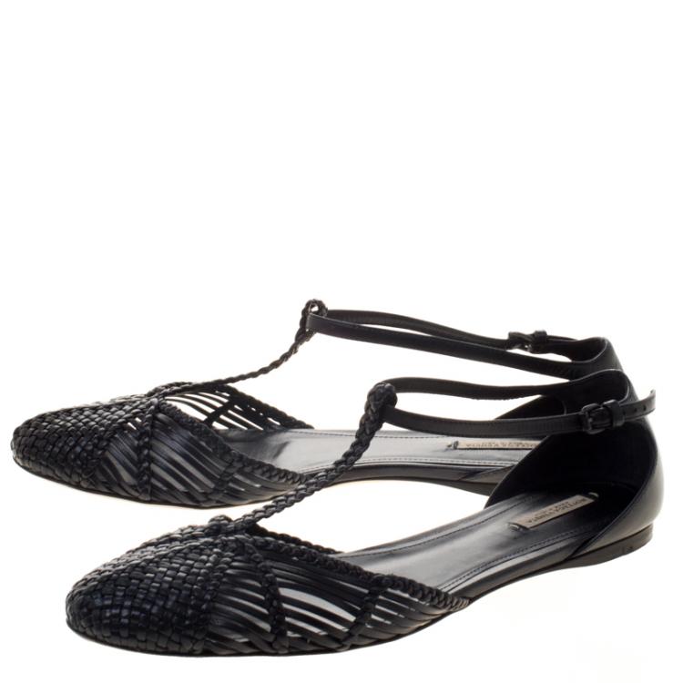Pre Owned Bottega Veneta Black Woven Leather T Strap Ballerina Flats Size 39
