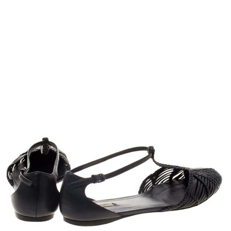 Pre Owned Bottega Veneta Black Woven Leather T Strap Ballerina Flats Size 39