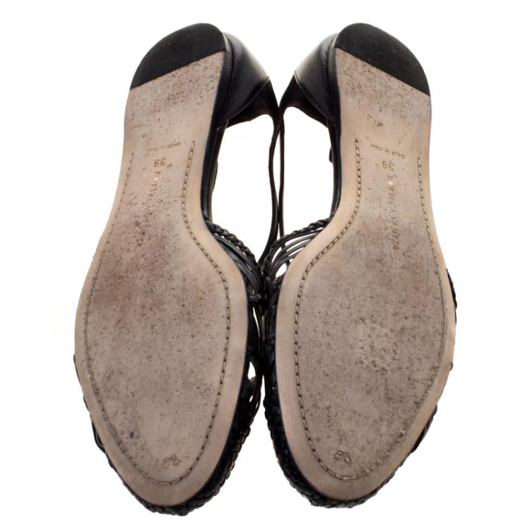 Pre Owned Bottega Veneta Black Woven Leather T Strap Ballerina Flats Size 39