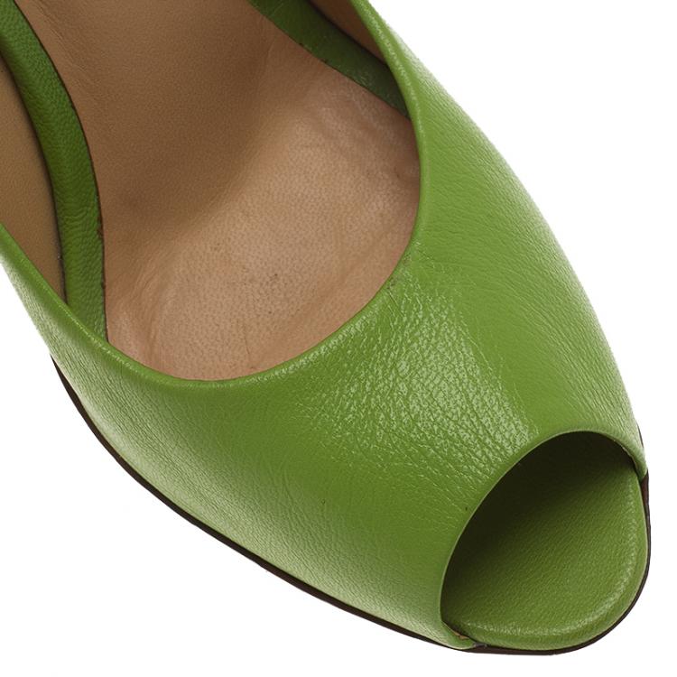 Pre Owned Bottega Veneta Green Leather Peep Toe Pumps Size 40.5