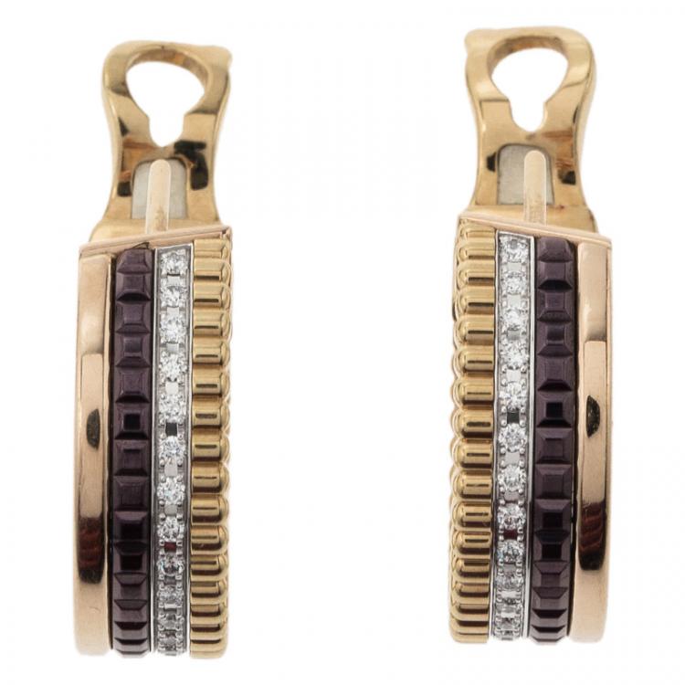 Pre Owned Boucheron Quatre Classic Diamonds Brown Ceramic Gold Hoops Earrings