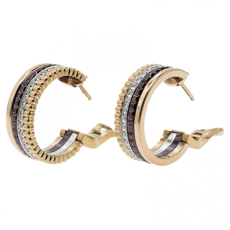 Pre Owned Boucheron Quatre Classic Diamonds Brown Ceramic Gold Hoops Earrings