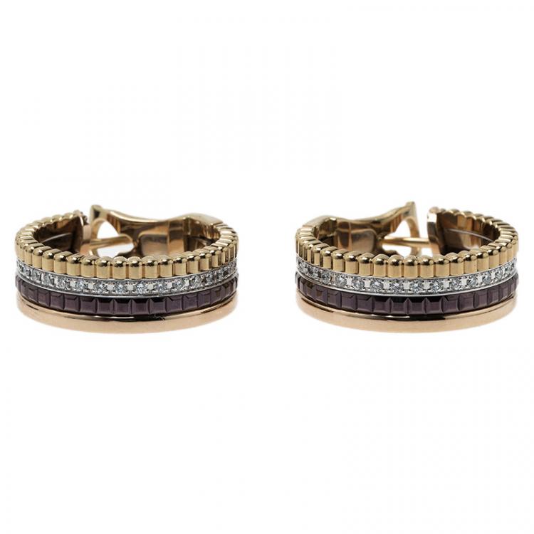 Pre Owned Boucheron Quatre Classic Diamonds Brown Ceramic Gold Hoops Earrings