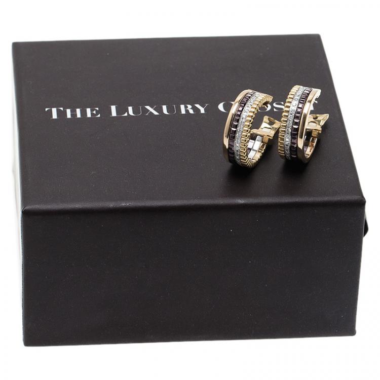Pre Owned Boucheron Quatre Classic Diamonds Brown Ceramic Gold Hoops Earrings