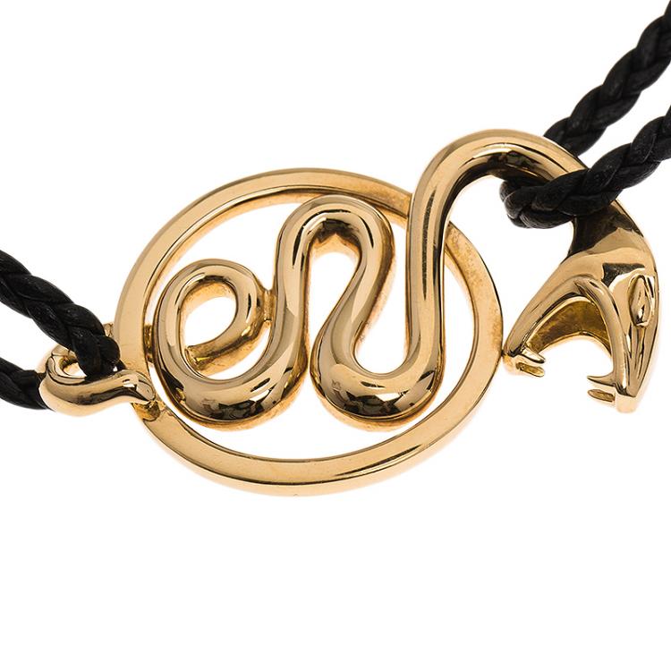 Pre Owned Boucheron Snake Yellow Gold Braided Leather Bracelet