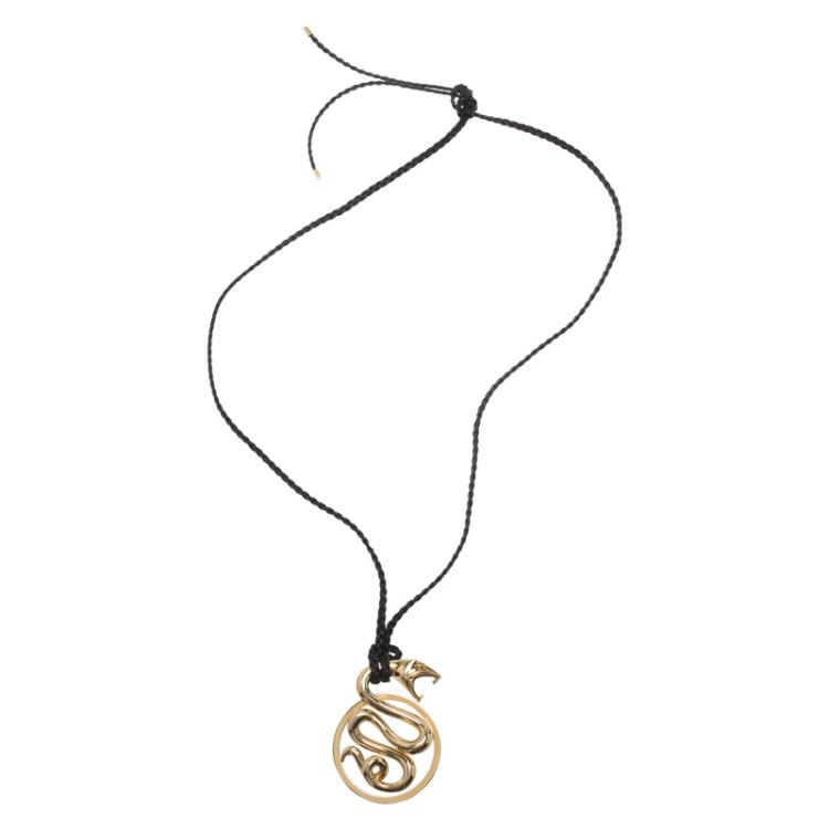 Pre Owned Boucheron Snake Yellow Gold Pendant Leather Necklace