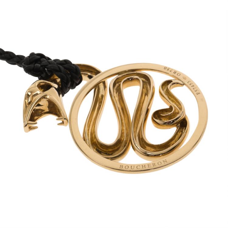Pre Owned Boucheron Snake Yellow Gold Pendant Leather Necklace