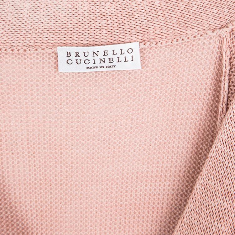 Pre Owned Brunello Cucinelli Pink Cotton Knit Beaded Trim Detail High Low Cardigan L