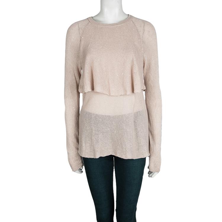 Pre Owned Brunello Cucinelli Beige Sequinned Knit Layered Long Sleeve Sweater L