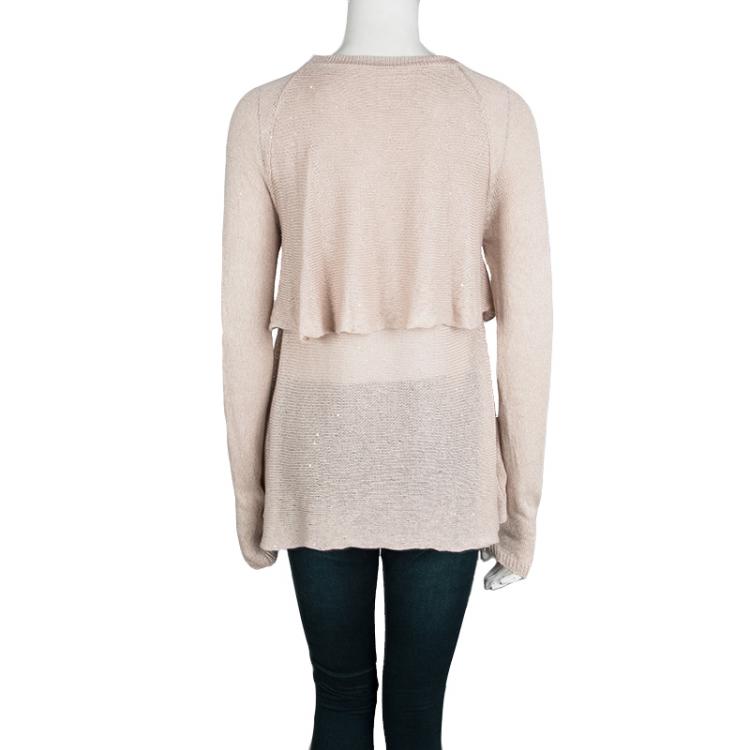 Pre Owned Brunello Cucinelli Beige Sequinned Knit Layered Long Sleeve Sweater L