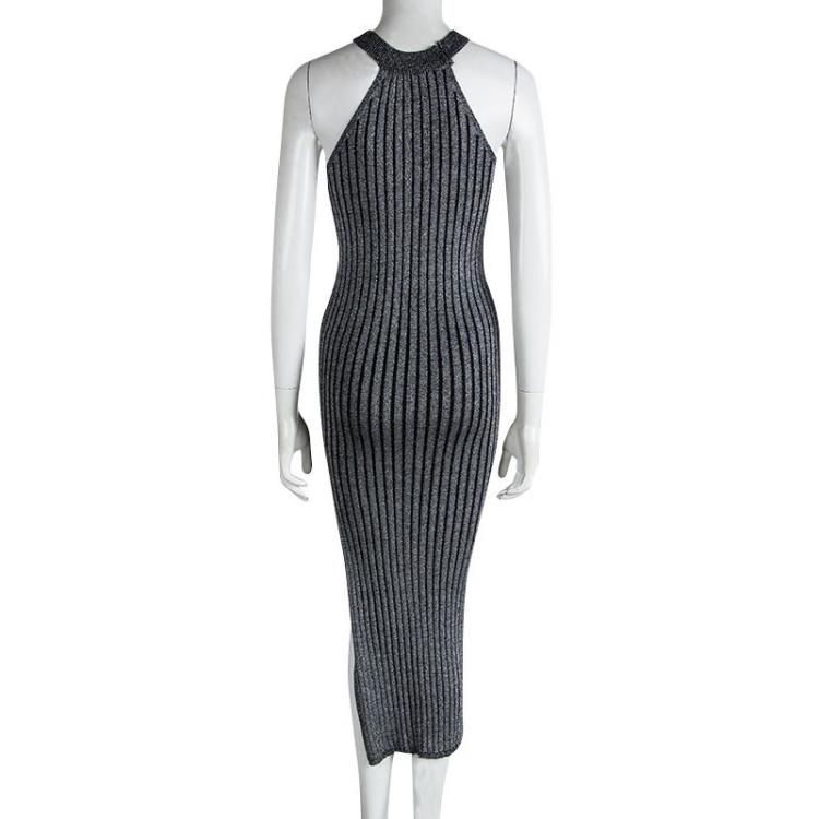 Pre Owned Brunello Cucinelli Silver Rib Knit Sleeveless Bodycon Dress XS