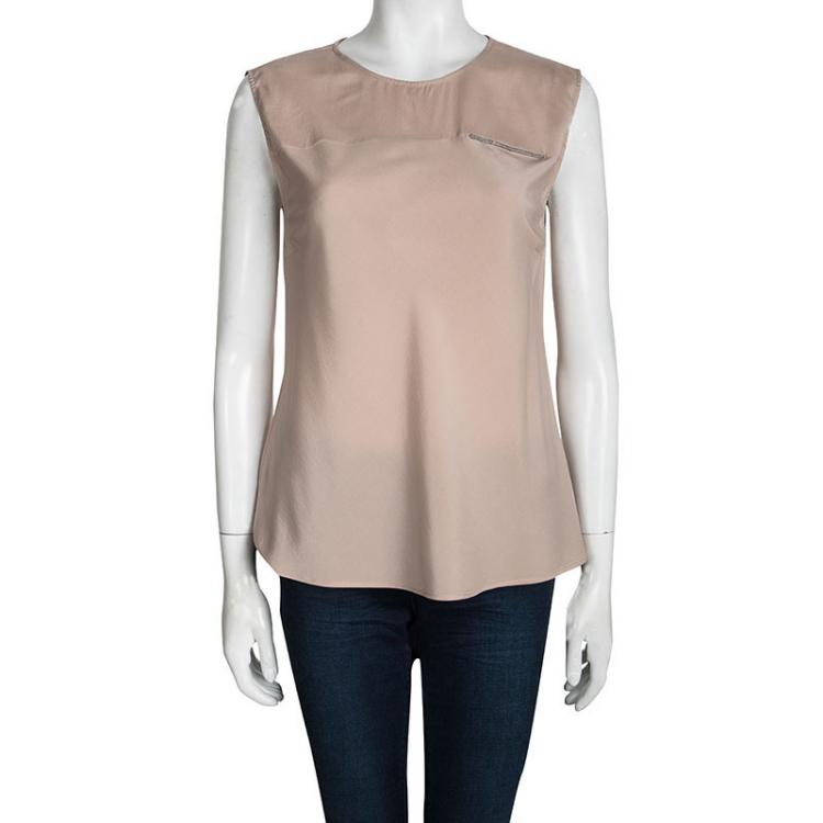 Pre Owned Brunello Cucinelli Beige Silk Bead Detail Sleeveless Top L