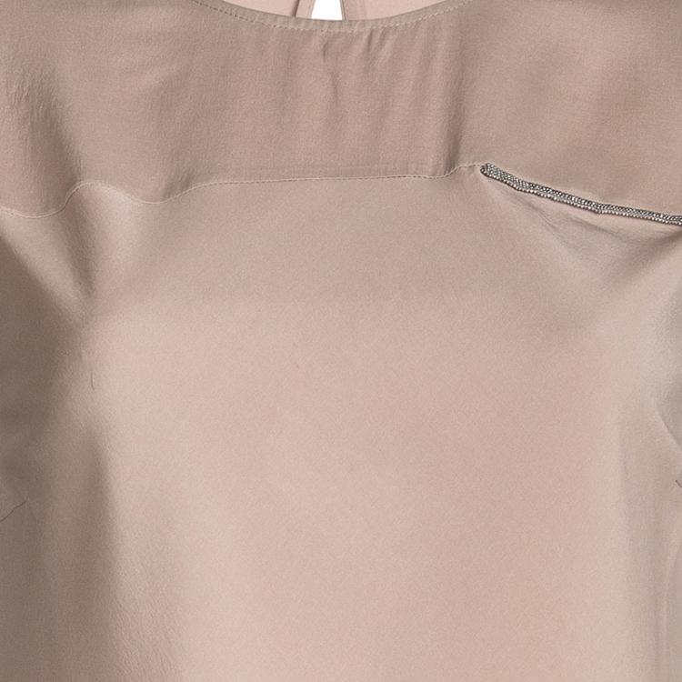 Pre Owned Brunello Cucinelli Beige Silk Bead Detail Sleeveless Top L