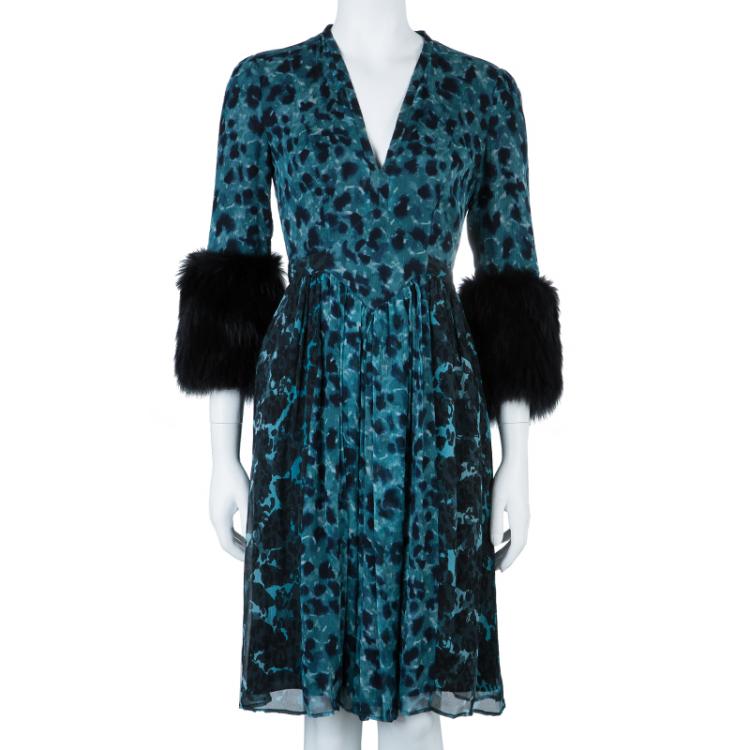 Pre Owned Burberry Prorsum Teal Printed Fur Trimmed Dress M