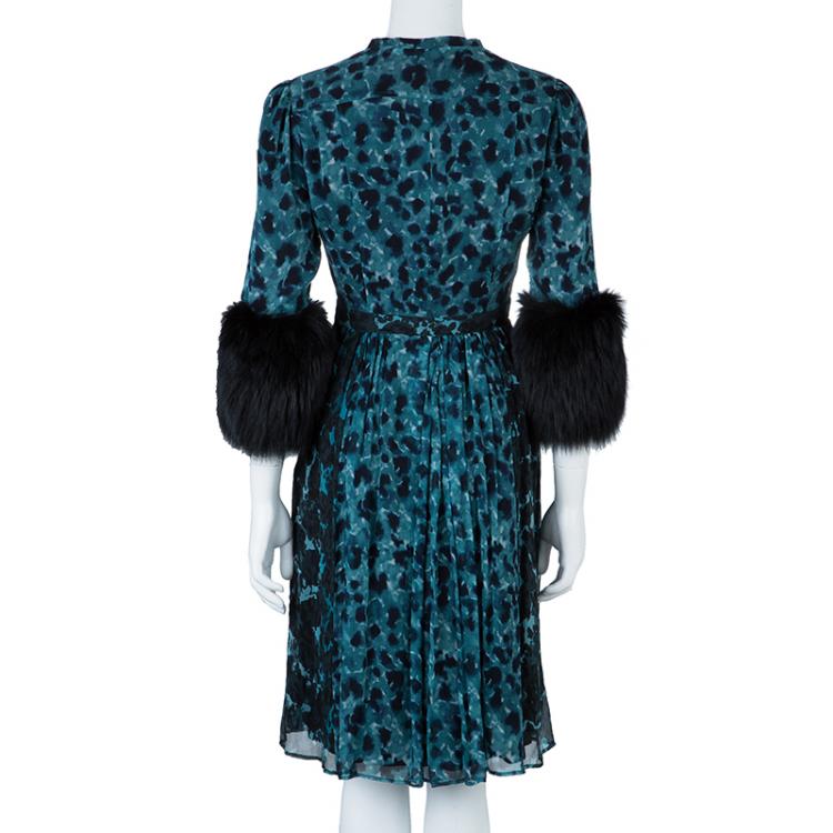 Pre Owned Burberry Prorsum Teal Printed Fur Trimmed Dress M