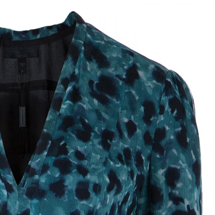 Pre Owned Burberry Prorsum Teal Printed Fur Trimmed Dress M